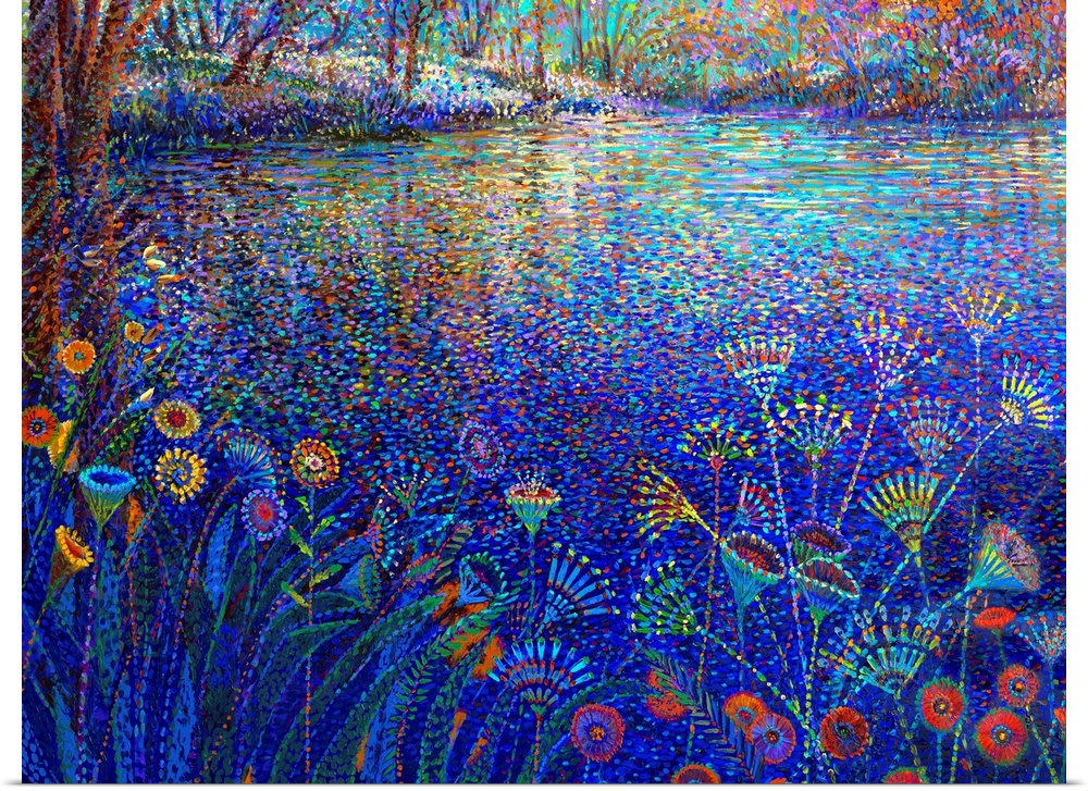 Brightly colored contemporary artwork of flowers alongside a river bank.
