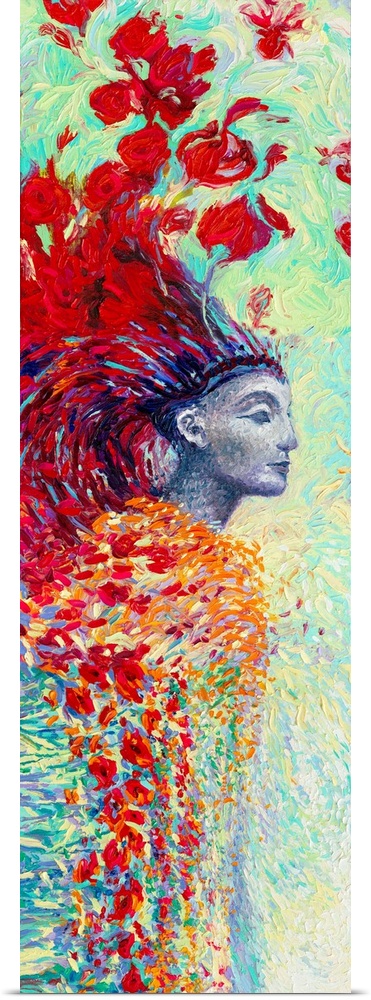 Brightly colored contemporary artwork of a statue with red flowers and feathers.