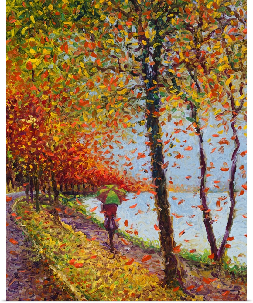 Brightly colored contemporary artwork of a woman walking alongside a lake.