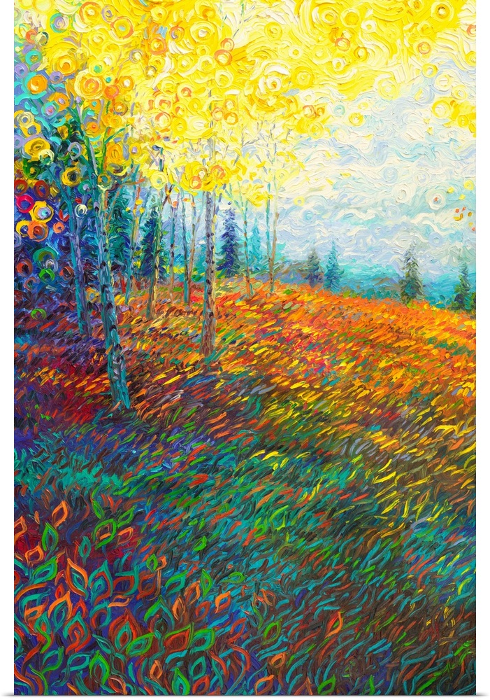 Brightly colored contemporary artwork of a landscape of trees in a field.