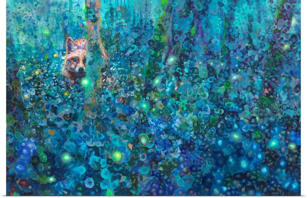 Brightly colored contemporary artwork of a fox in a forest watching fireflies.