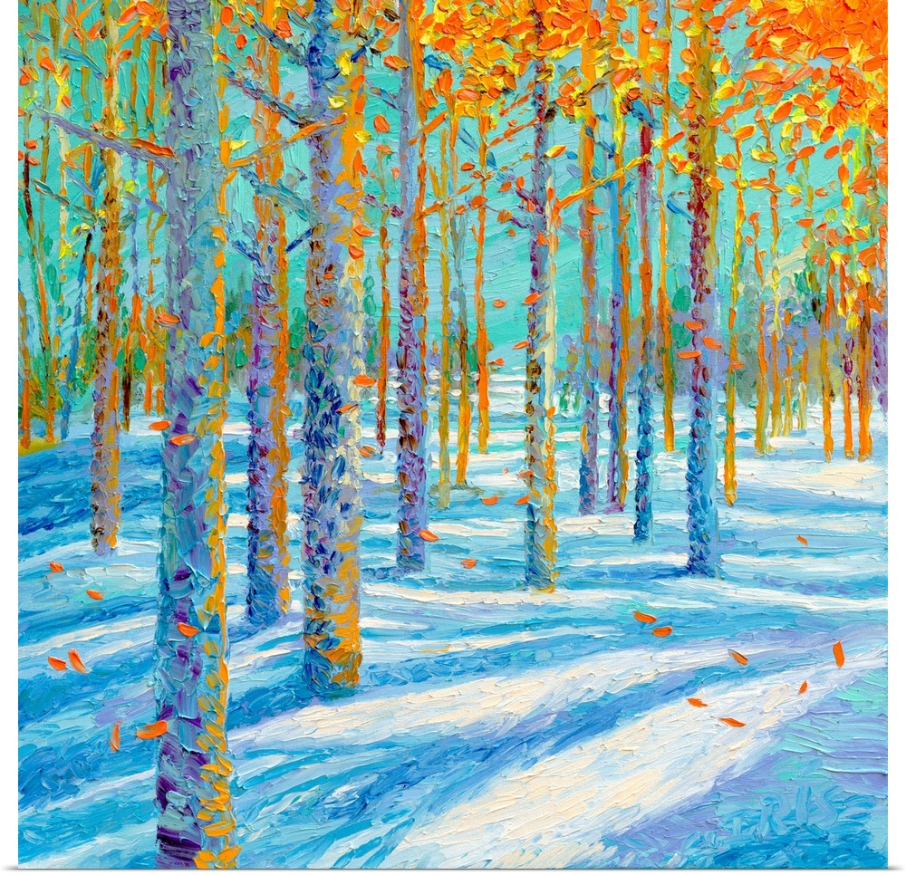 Brightly colored contemporary artwork of a landscape of trees in the snow.