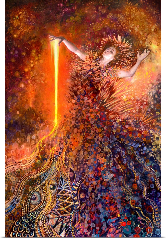 Brightly colored contemporary artwork of a goddess surrounded by fire.