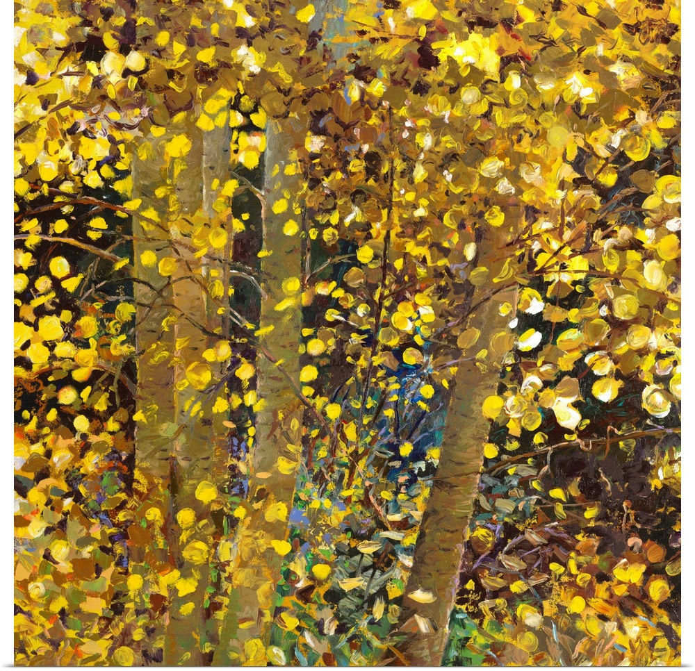 Brightly colored contemporary artwork of yellow trees.