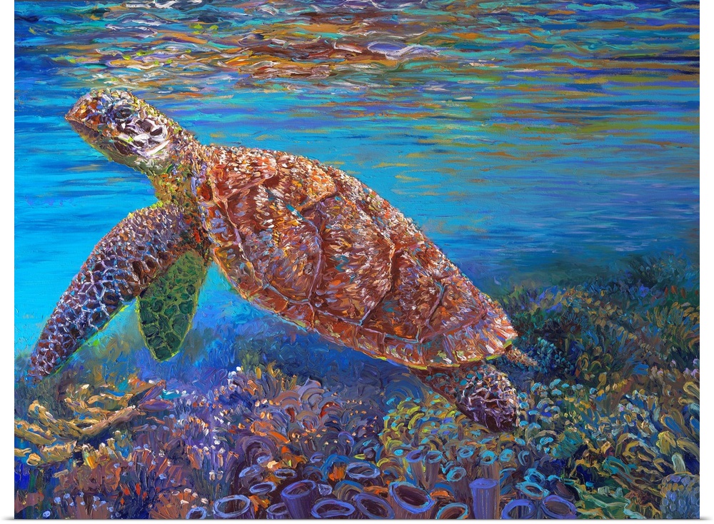 Brightly colored contemporary artwork of a turtle in the ocean with coral.