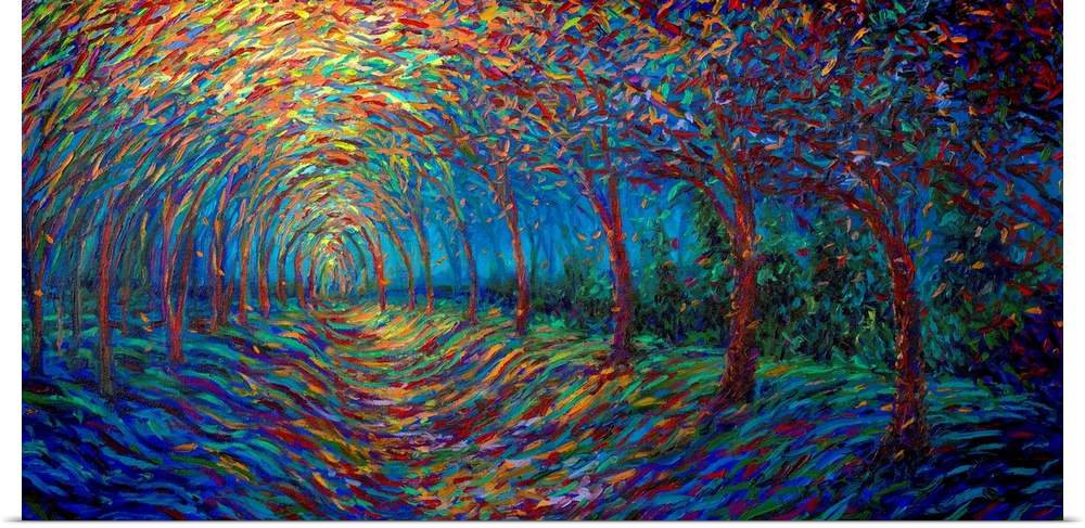 Brightly colored contemporary artwork of trees wrapped along a path.