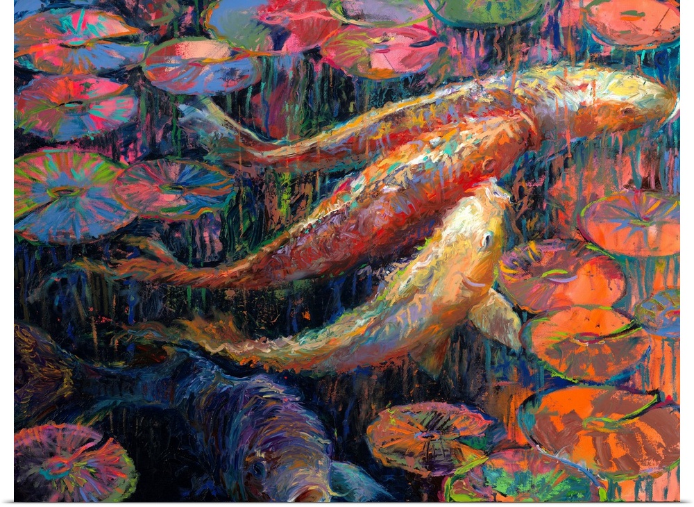 Brightly colored contemporary artwork of a colorful fish with lily pads.