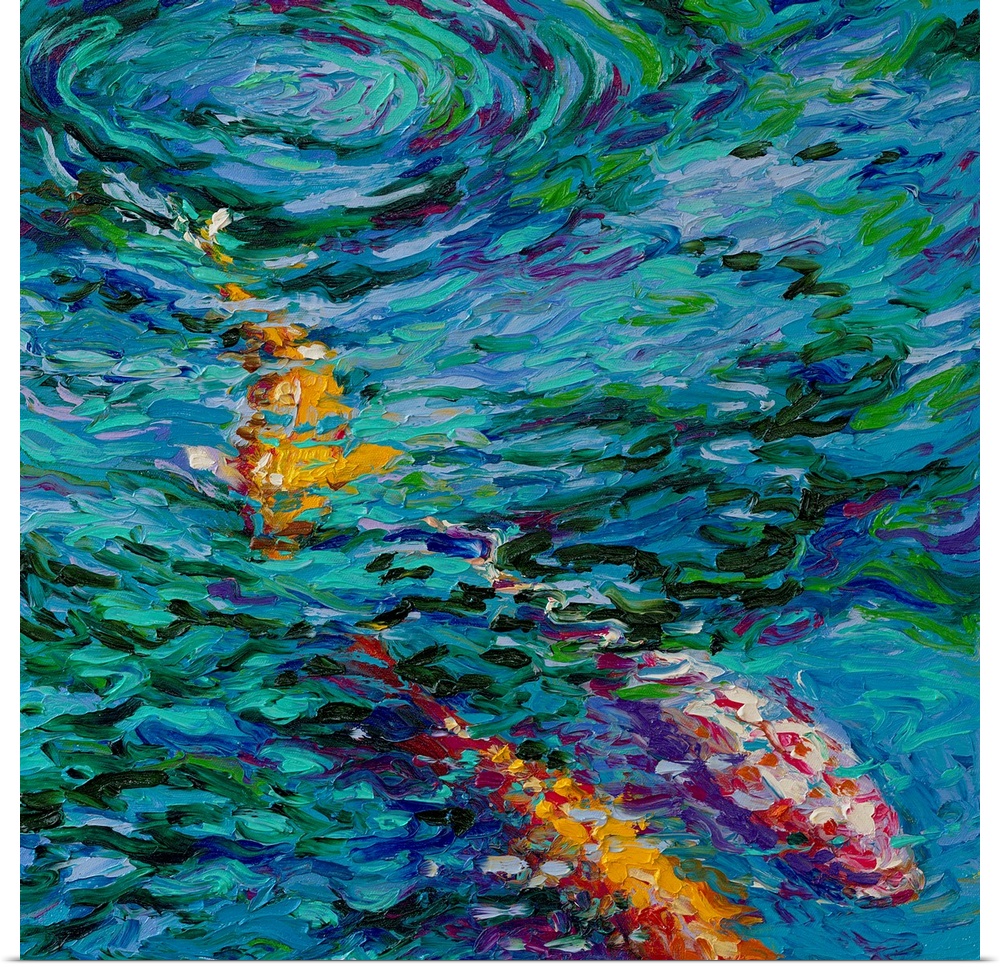 Brightly colored contemporary artwork of a koi fish in water.