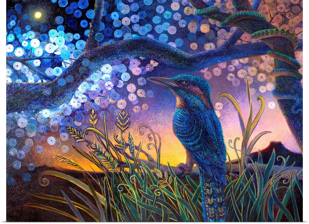 Brightly colored contemporary artwork of a kookabura in a tree.