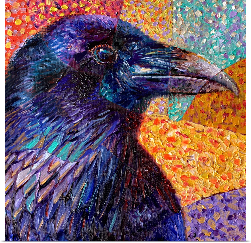 Brightly colored contemporary artwork of a colorful raven.