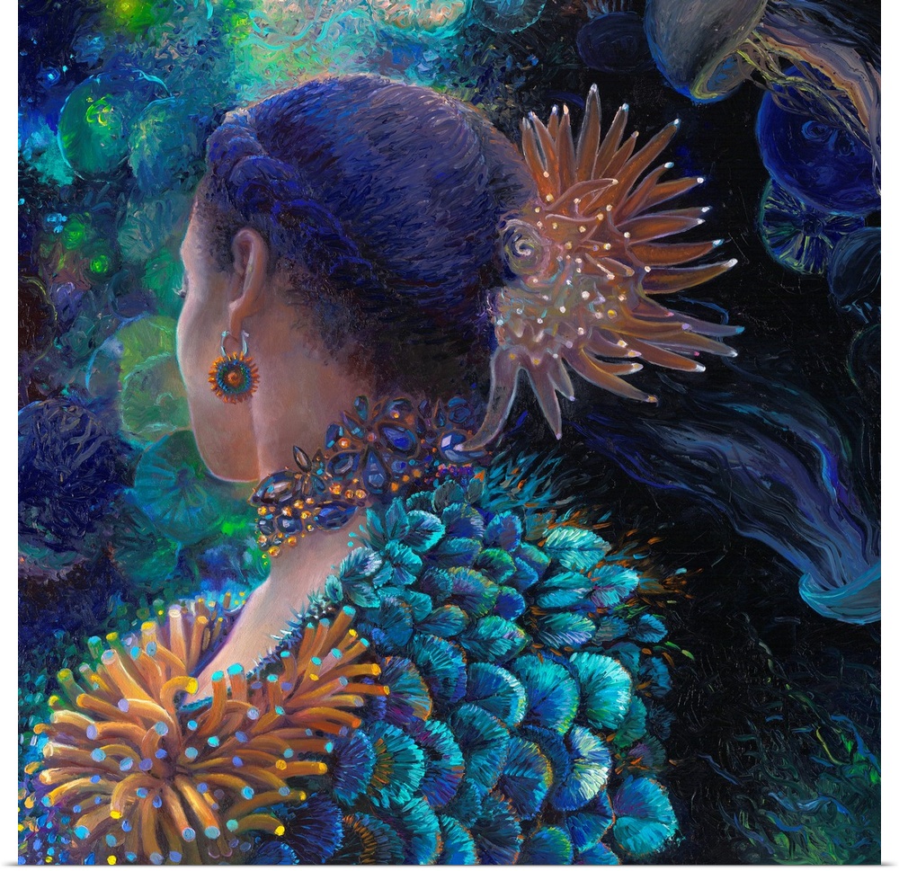 Brightly colored contemporary artwork of a woman wearing anemones.