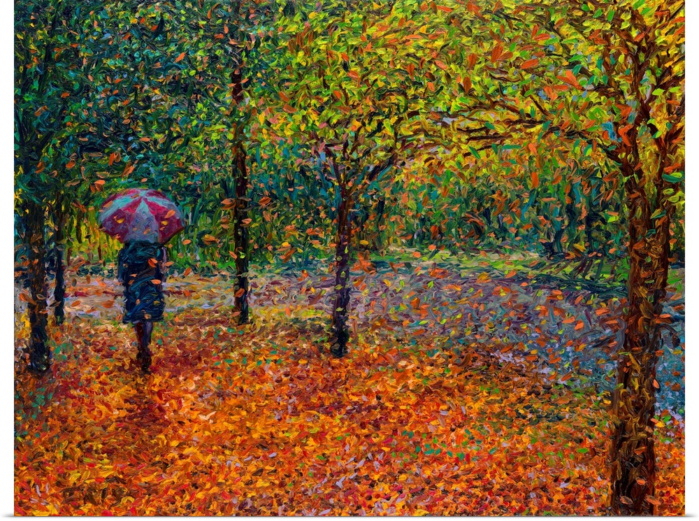 Brightly colored contemporary artwork of a woman taking a walk in the fall.
