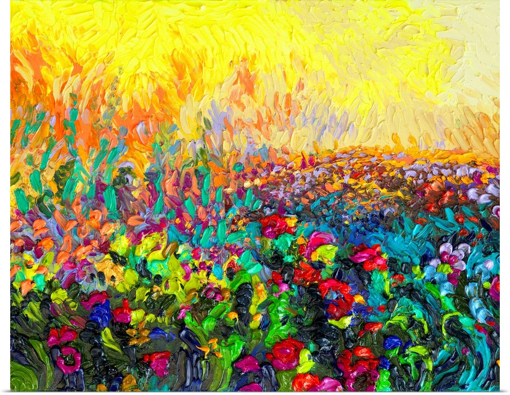 Brightly colored contemporary artwork of a field of small cacti.