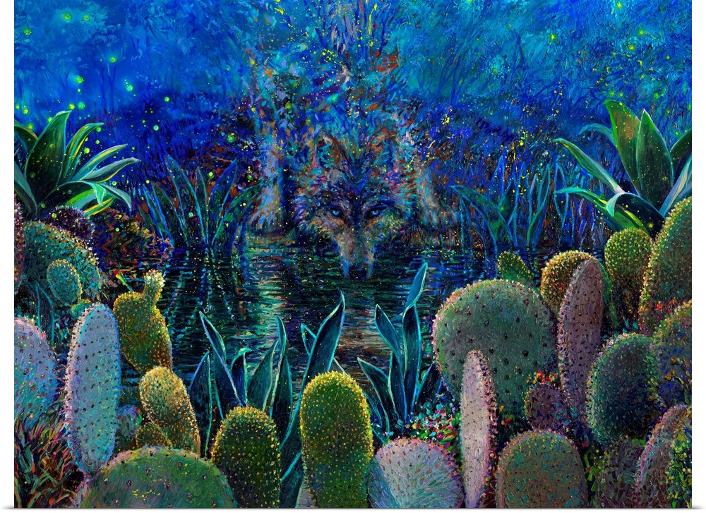 Brightly colored contemporary artwork of a wolf drinking water by cacti.