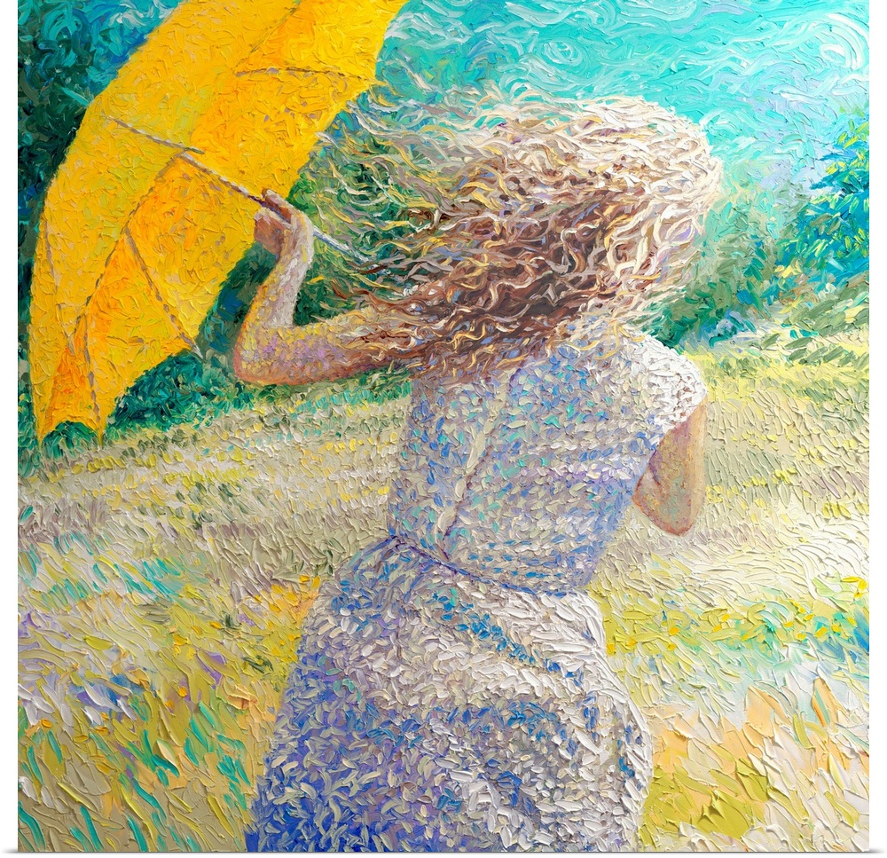 Brightly colored contemporary artwork of a woman in a windy field.