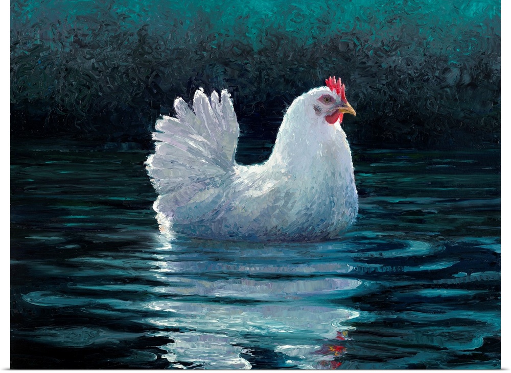 Brightly colored contemporary artwork of a hen in water.