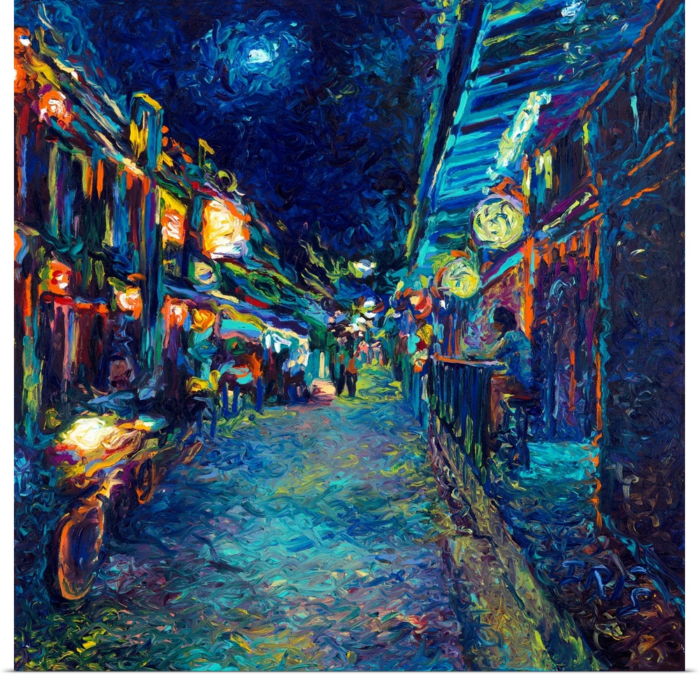 Brightly colored contemporary artwork of an alley view street.