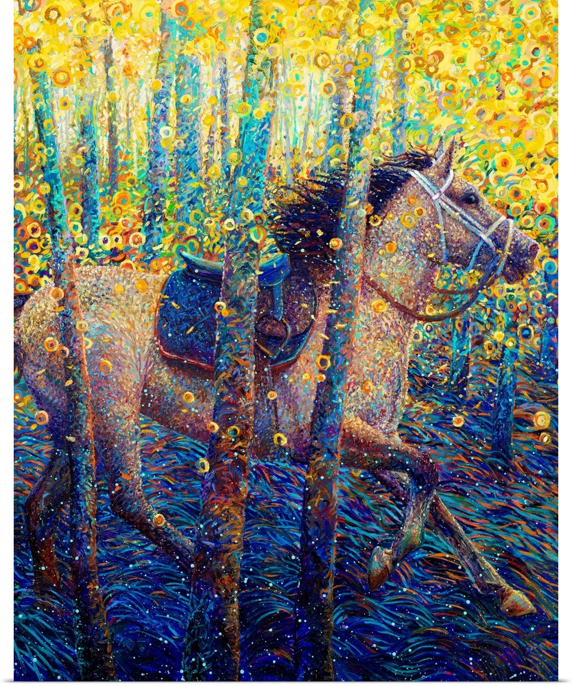 Brightly colored contemporary artwork of a horse running through the woods.