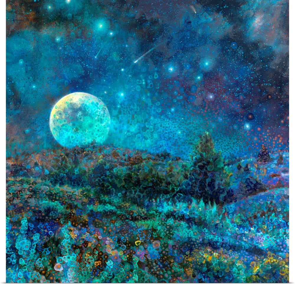 Brightly colored contemporary artwork of a field of flowers at night.