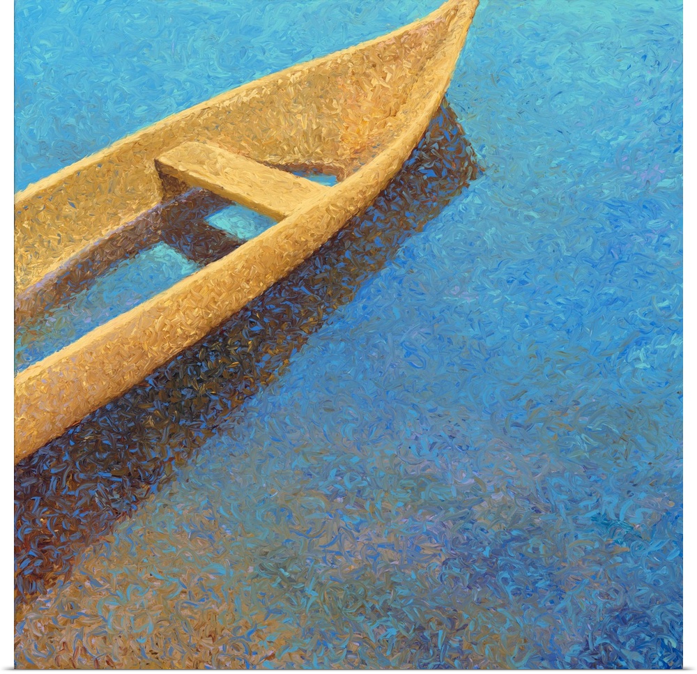 Brightly colored contemporary artwork of a boat in the water.