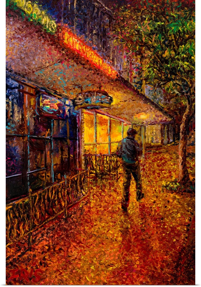 Brightly colored contemporary artwork of a man walking by a bar.