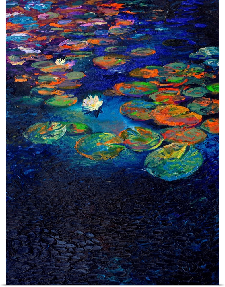Brightly colored contemporary artwork of a single lotus flower floating in dark water.