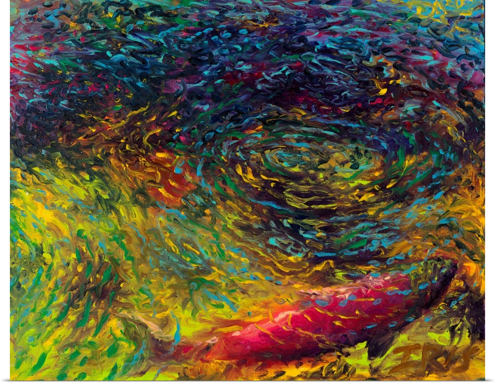 Brightly colored contemporary artwork of a single sockeye in rippling water.