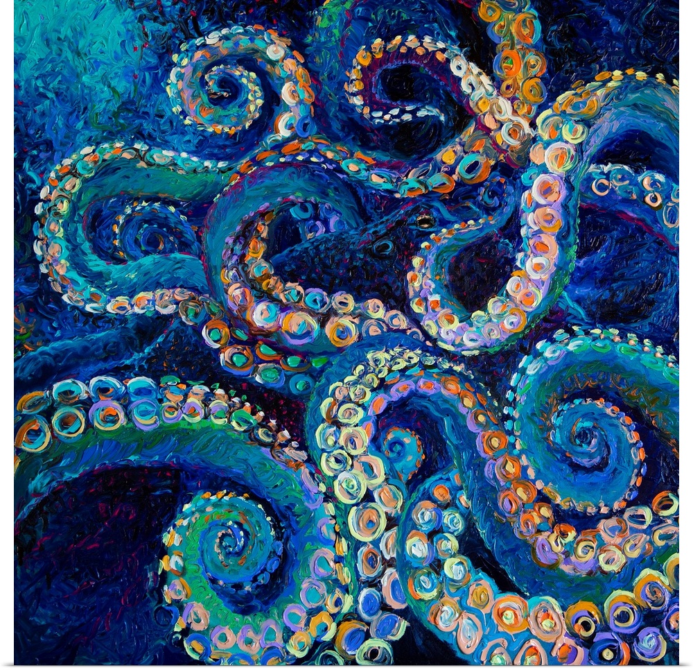 Brightly colored contemporary artwork of a blue octopus.