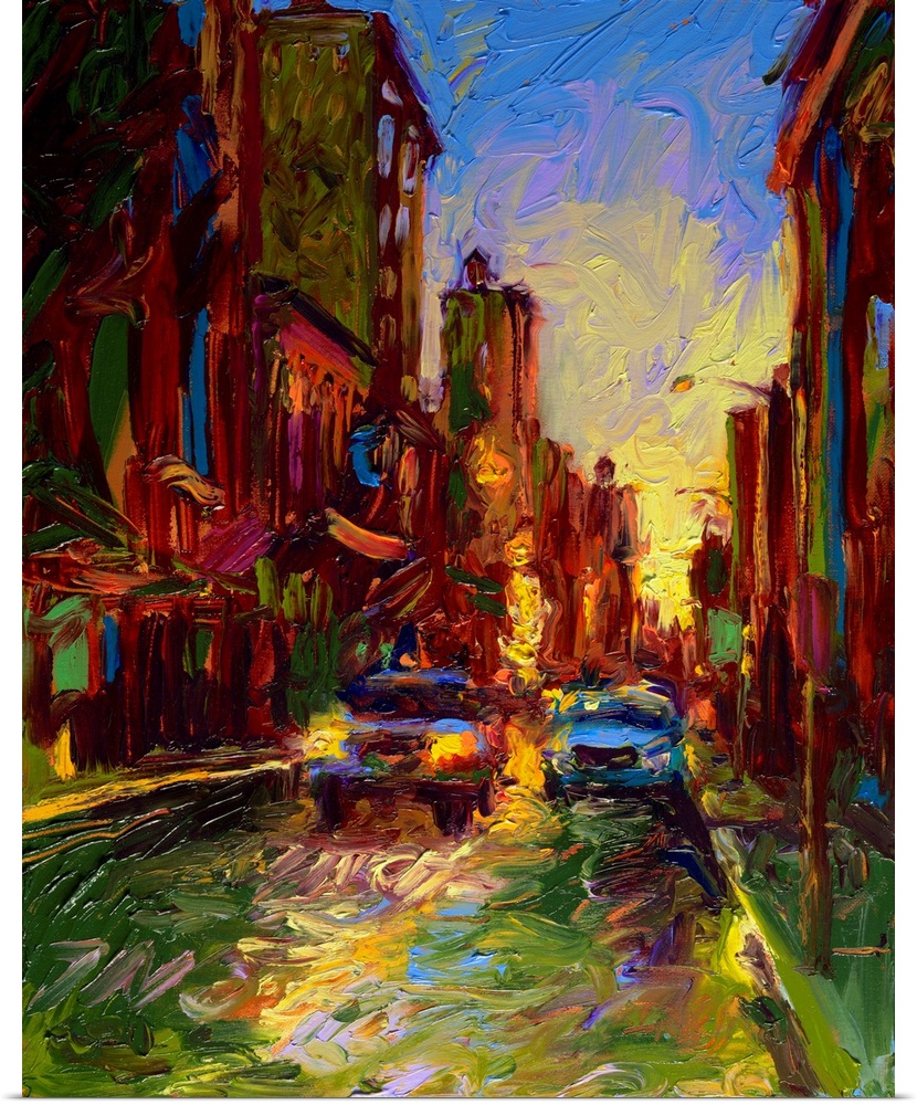 Brightly colored contemporary artwork of a street view of cars passing by.