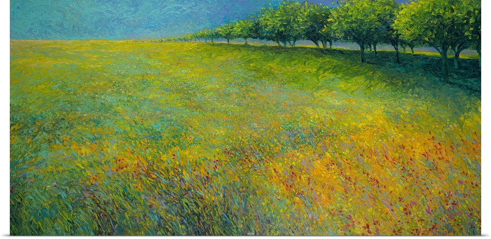 Brightly colored contemporary artwork of a landscape of trees bordering a field of flowers.