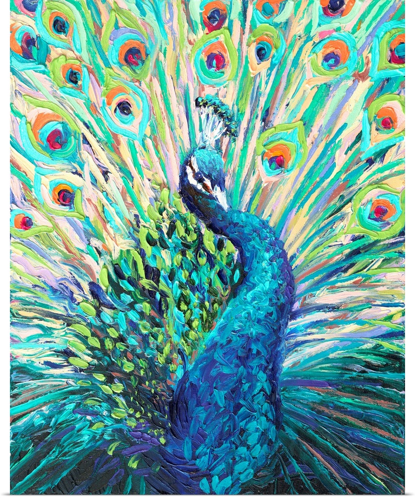 Brightly colored contemporary artwork of a single peacock.