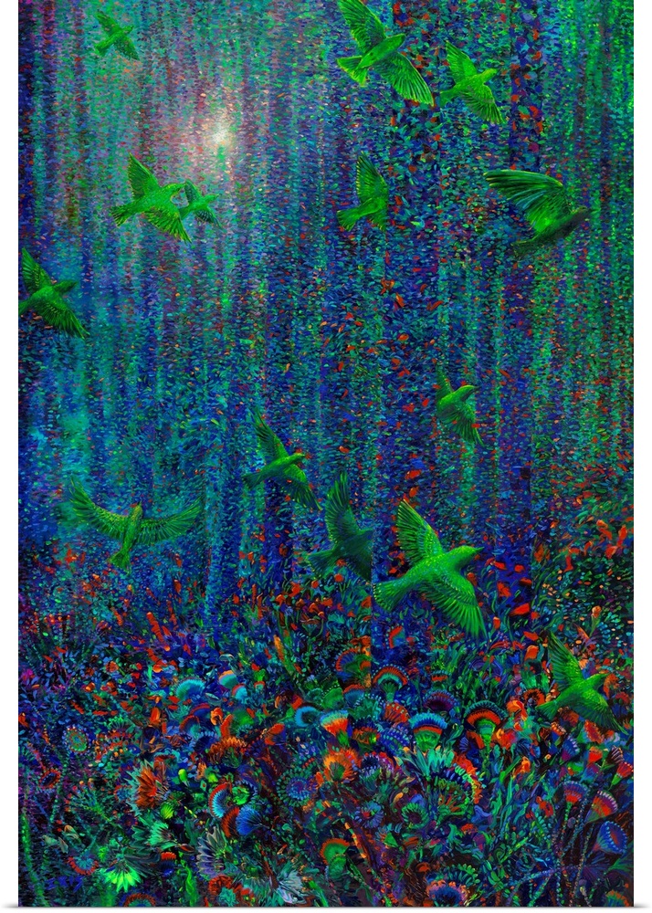 Brightly colored contemporary artwork of birds flying through a colorful forest.