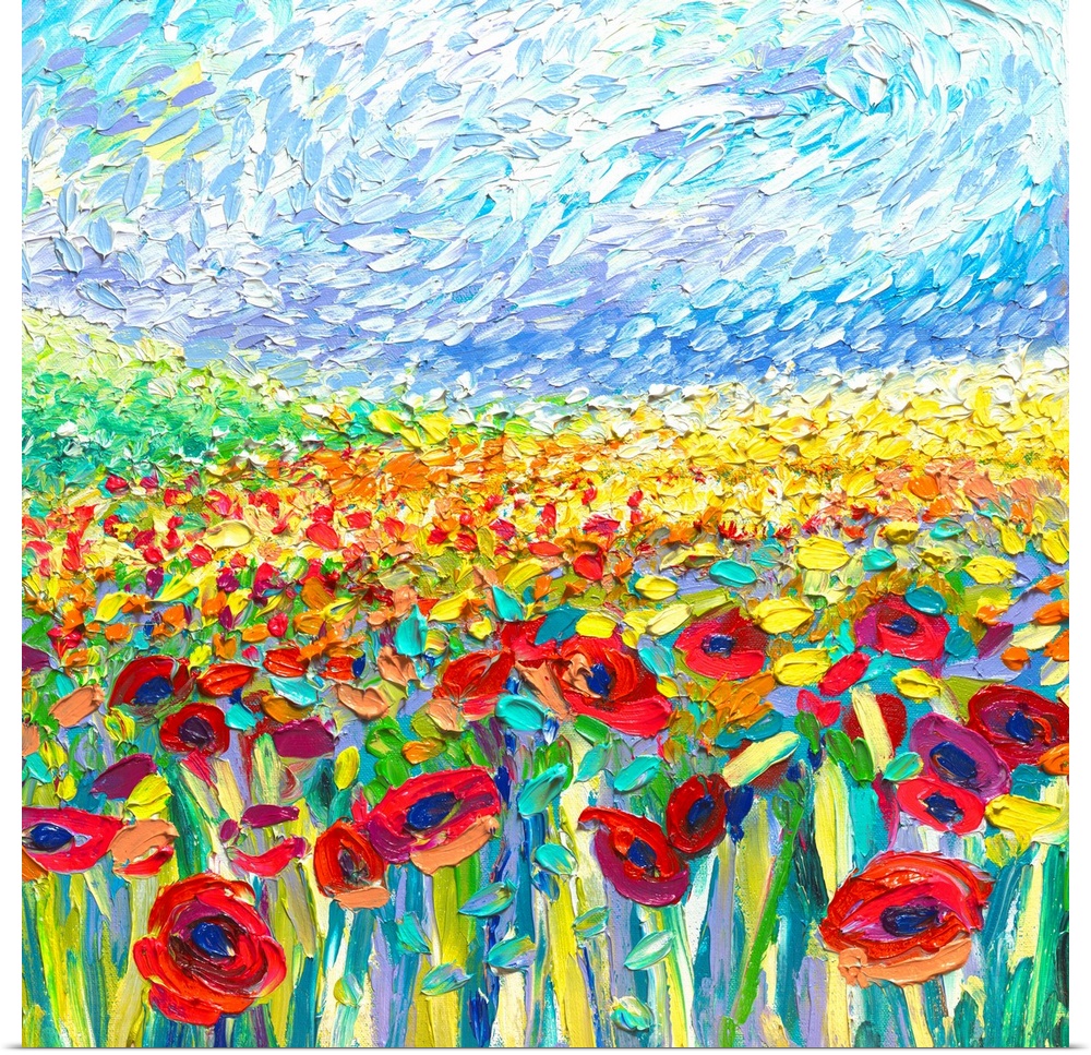 Brightly colored contemporary artwork of a painting of a field of red and yellow poppies.
