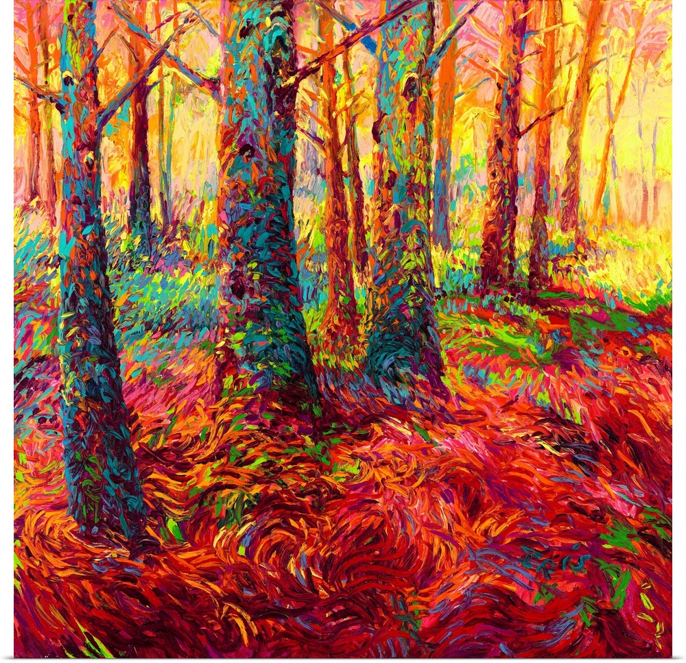 Brightly colored contemporary artwork of a forest of redwoods in red.