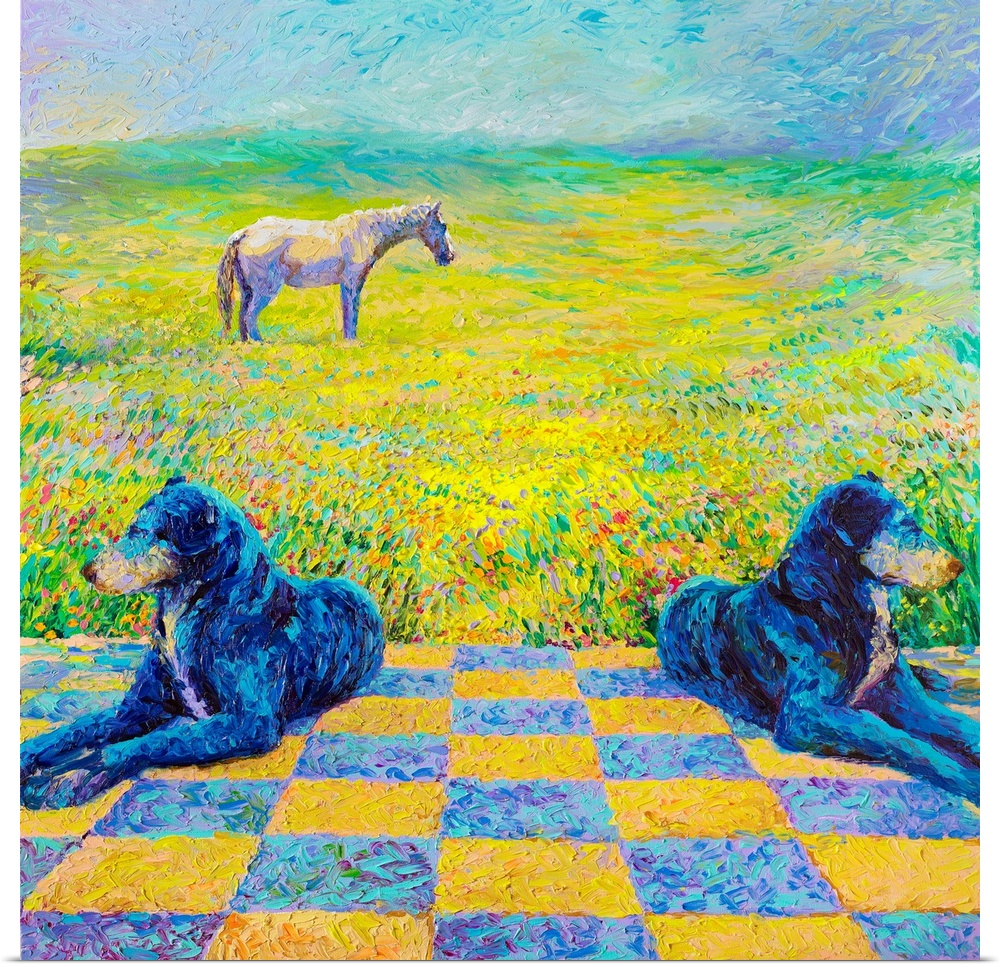 Brightly colored contemporary artwork of two dogs laying in a field with a horse.