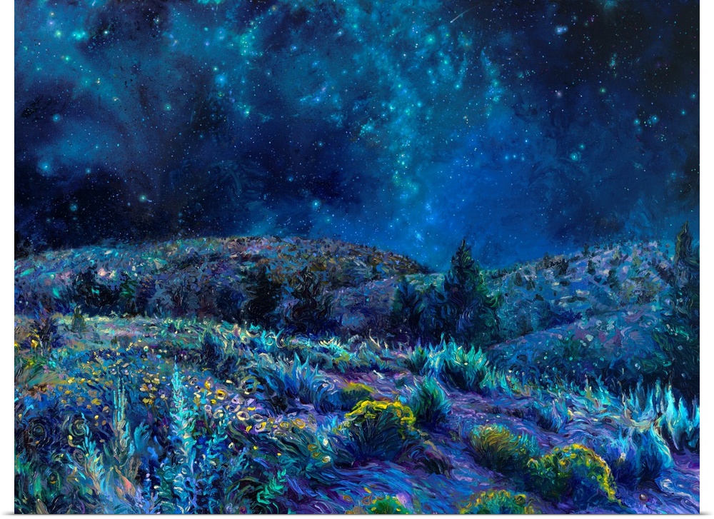 Brightly colored contemporary artwork of a cool toned landscape of the night sky and a field.