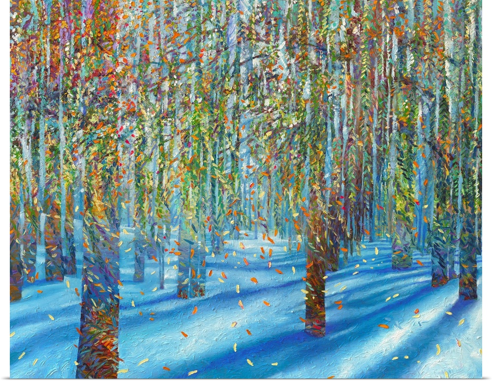 Brightly colored contemporary artwork of leaves falling from trees in the snow.