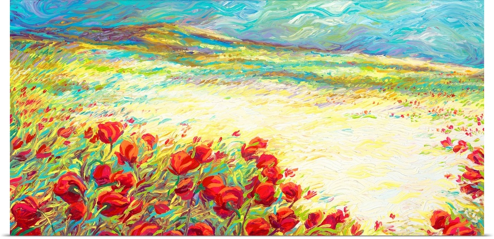 Brightly colored contemporary artwork of a landscape of red flowers.