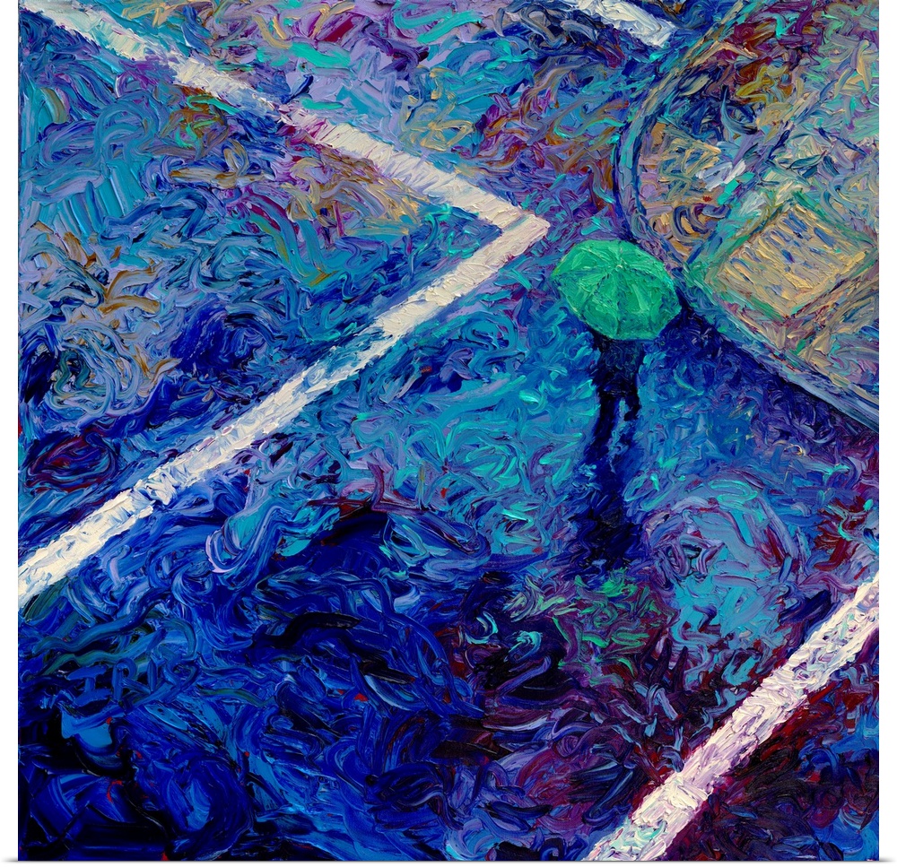 Brightly colored contemporary artwork of a person crossing the road in the rain.