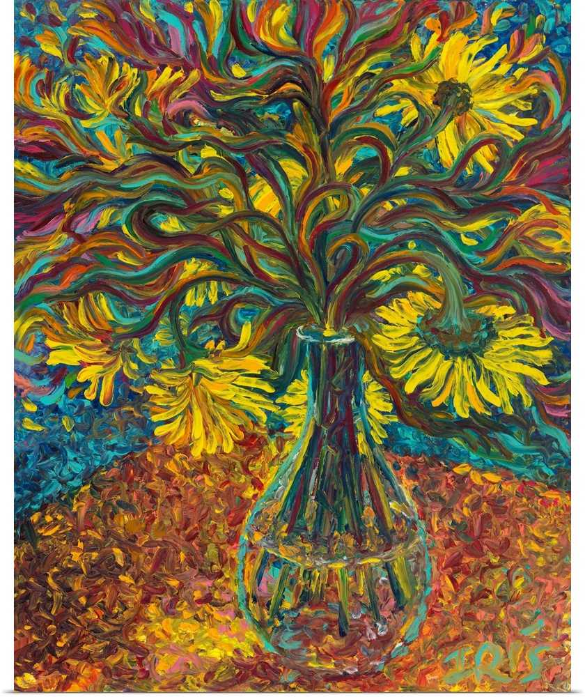 Brightly colored contemporary artwork of yellow flowers in a vase.