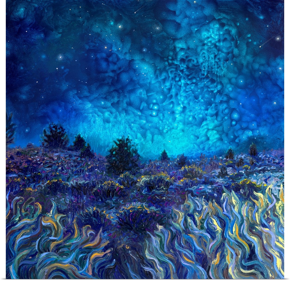 Brightly colored contemporary artwork of a field at night.