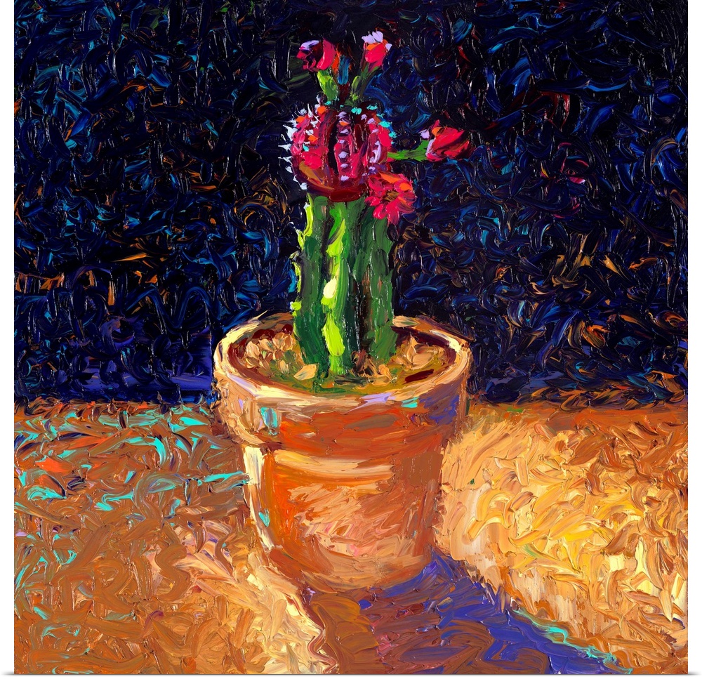 Brightly colored contemporary artwork of a cactus in a pot.