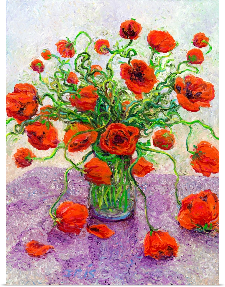 Brightly colored contemporary artwork of red poppies in a vase.