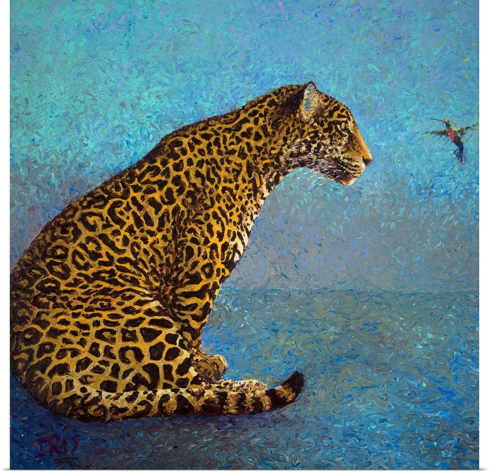 Brightly colored contemporary artwork of a leopard and a hummingbird.
