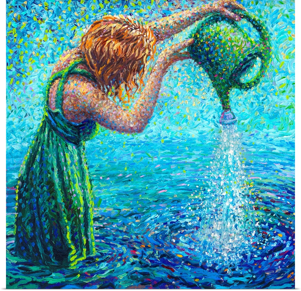 Brightly colored contemporary artwork of a woman pouring water into a lake.