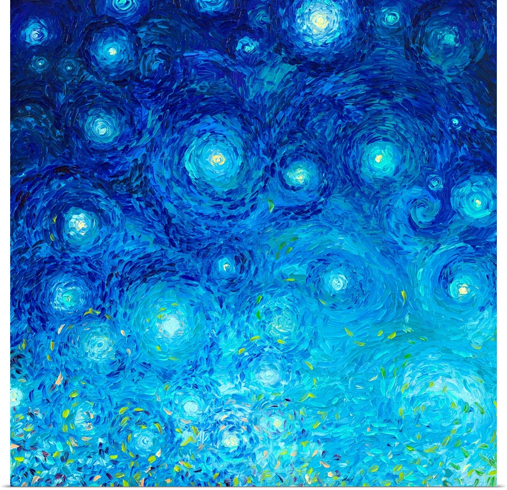 Brightly colored contemporary artwork of an abstract star filled sky.