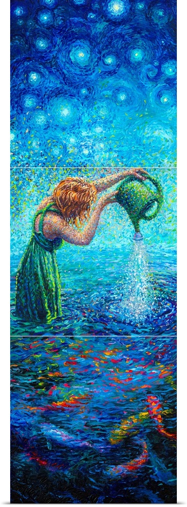 Brightly colored contemporary artwork of a triptych of a woman watering fish.