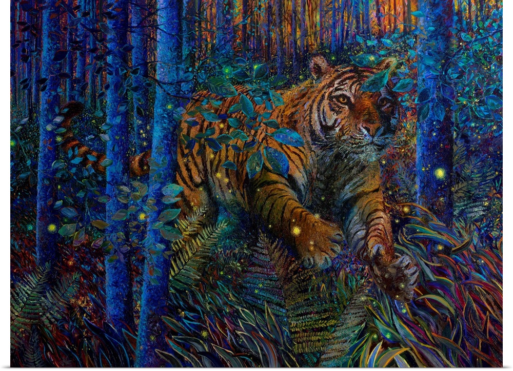 Brightly colored contemporary artwork of a tiger running through the trees.