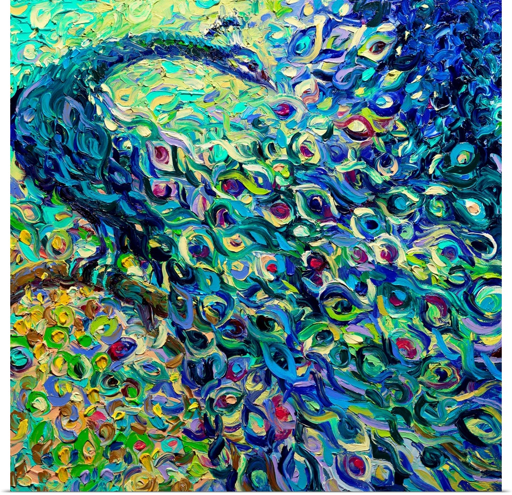 Brightly colored contemporary artwork of an abstract peacock.