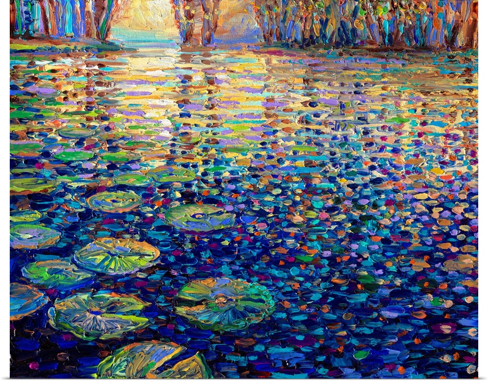 Brightly colored contemporary artwork of a pond covered in water lilies.